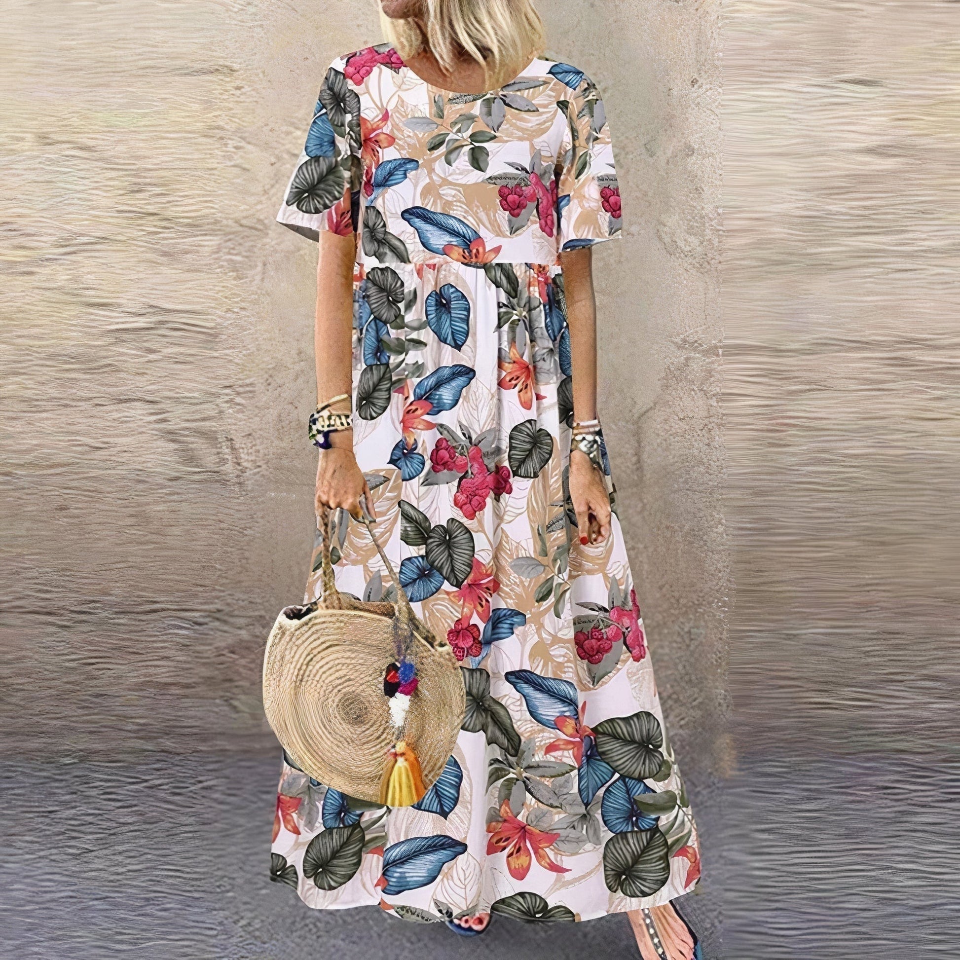 Floral Summer Maxi Dress - Beige