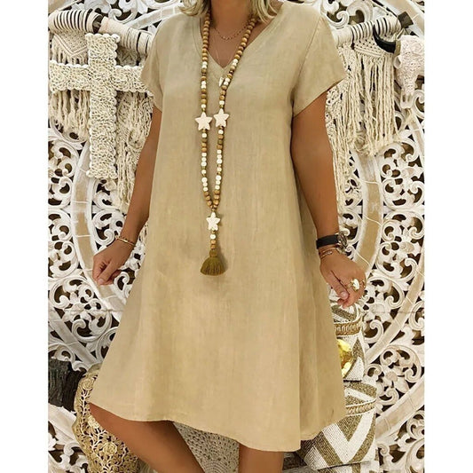 V Neck Shift Dress - Khaki