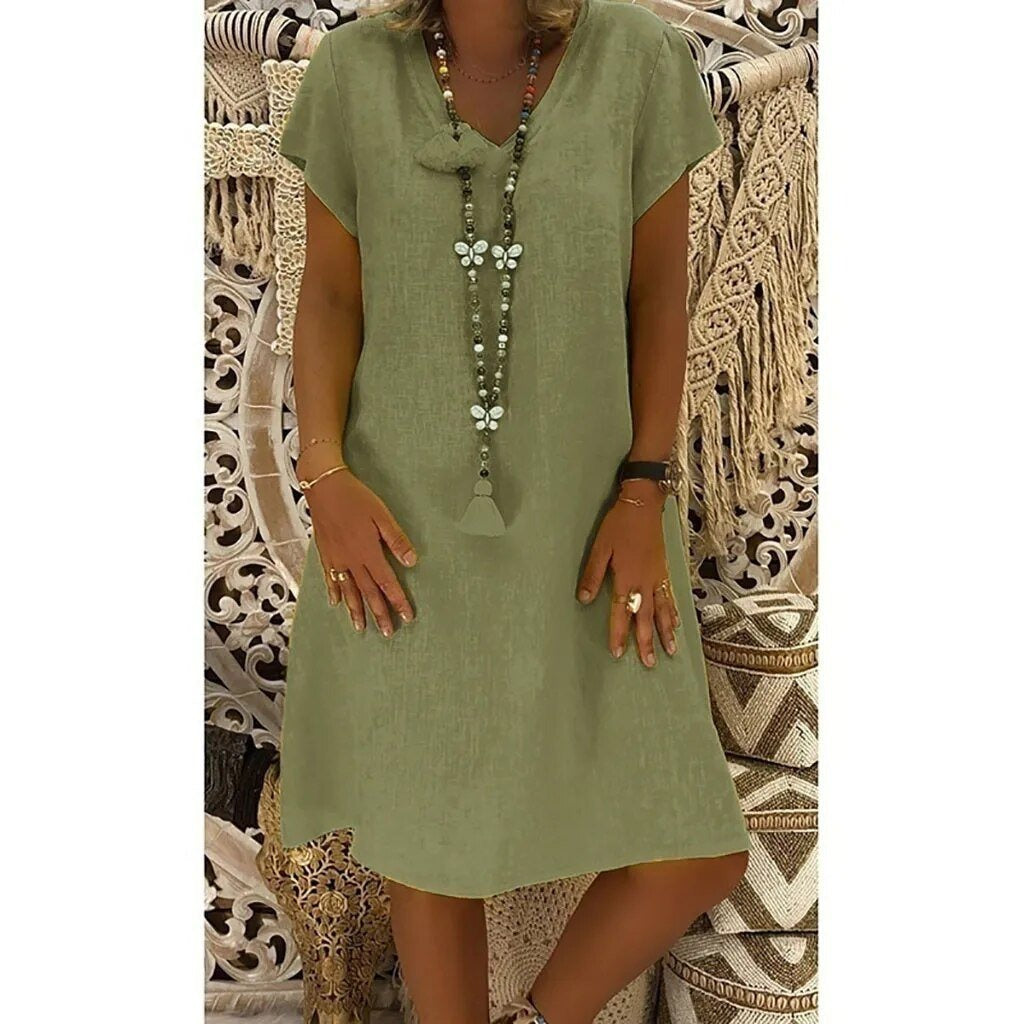 V Neck Shift Dress - Green