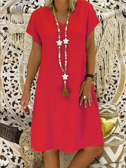 V Neck Shift Dress - Red