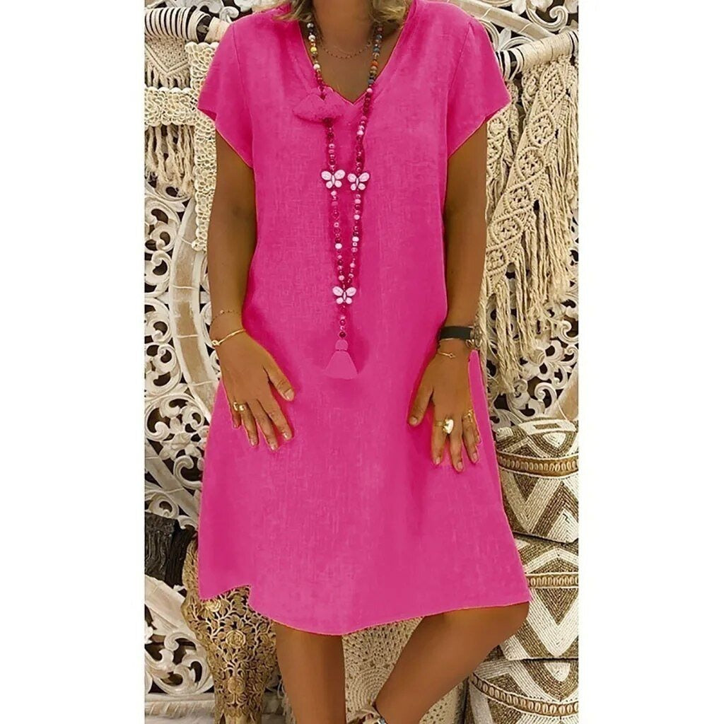 V Neck Shift Dress - Pink