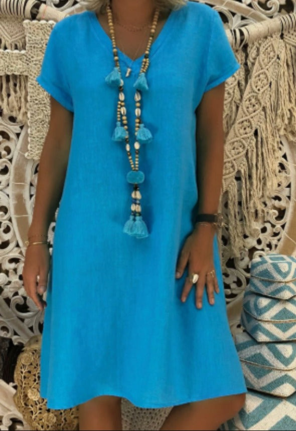 V Neck Shift Dress - Blue