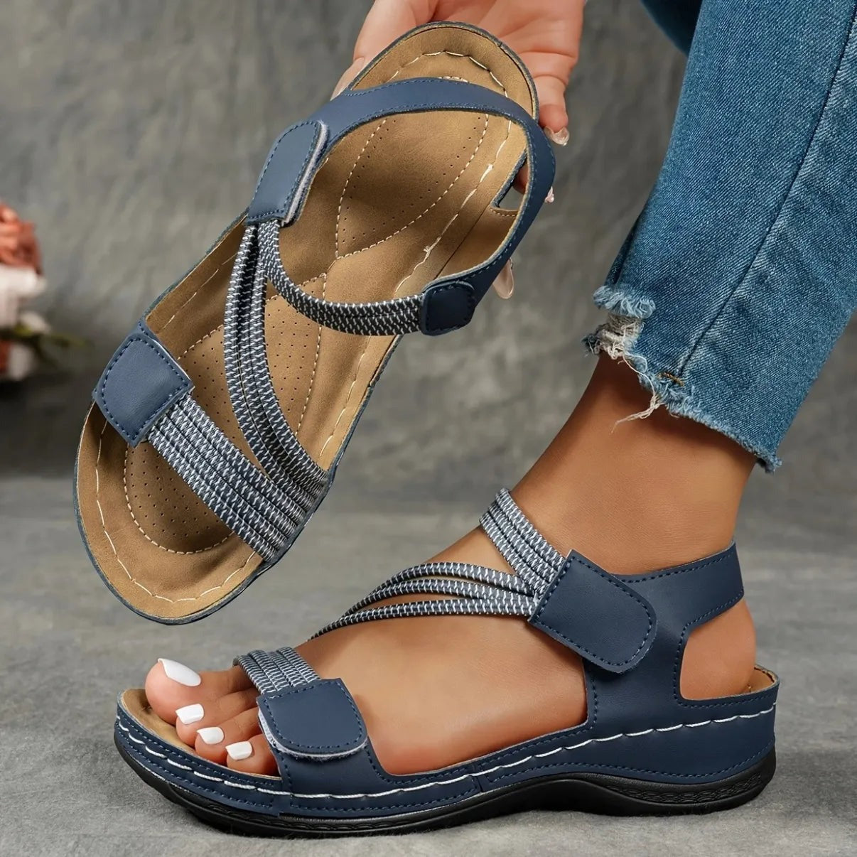 Floral Wedge Slide Sandals - Blue