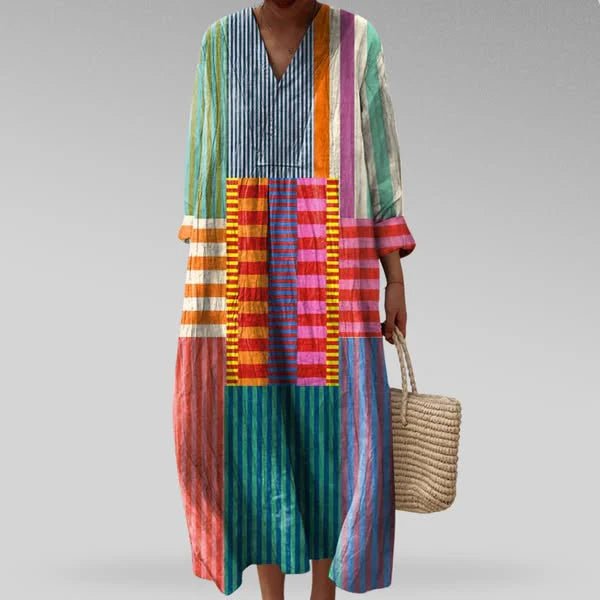 Women's Oversized V-Neck Maxi Dress - Multicolor
