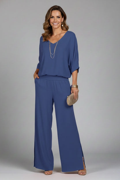 Wide Leg Pants Two Piece Set - Blue