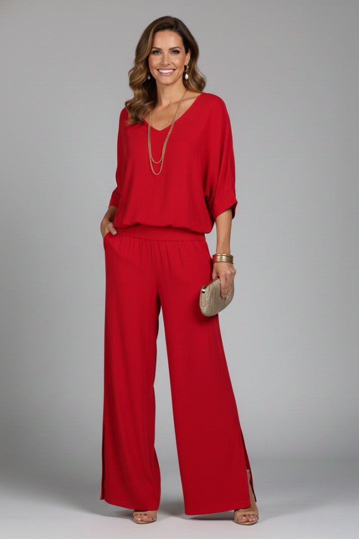 Wide Leg Pants Two Piece Set - Red
