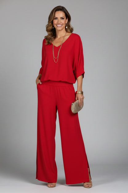 Wide Leg Pants Two Piece Set - Red