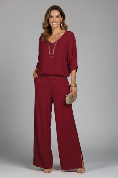 Wide Leg Pants Two Piece Set - Red Wine
