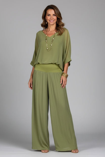 Wide Leg Pants Two Piece Set - Green
