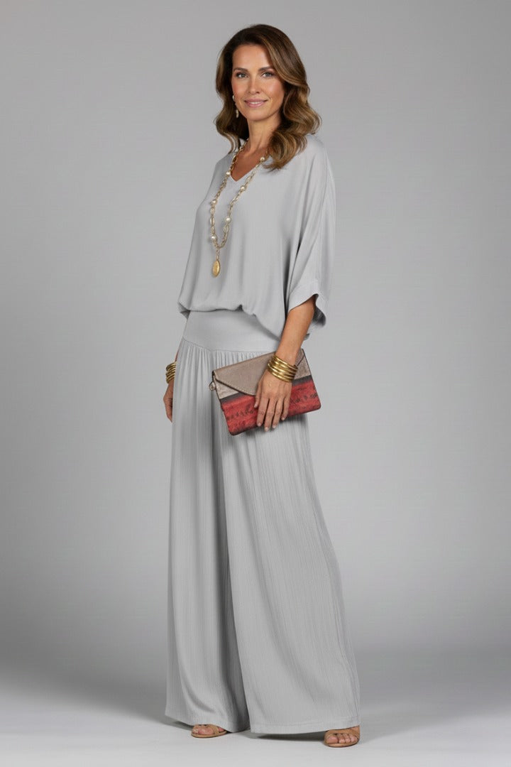 Wide Leg Pants Two Piece Set - Grey