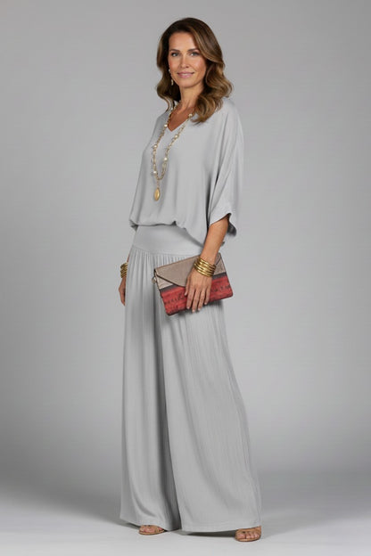 Wide Leg Pants Two Piece Set - Grey