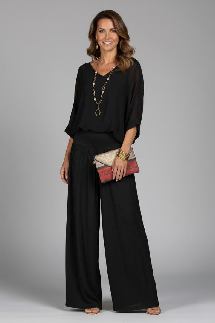 Wide Leg Pants Two Piece Set - Black