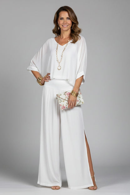 Wide Leg Pants Two Piece Set - White