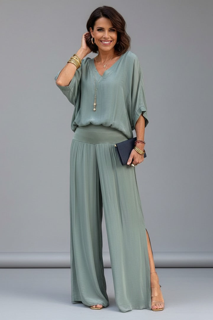 Wide Leg Pants Two Piece Set - Light Green