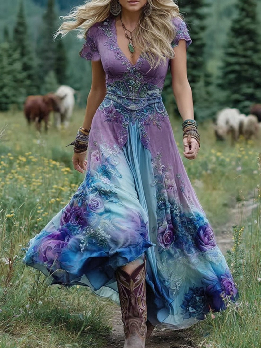 Women's Floral V-Neck Maxi Dress - Purple