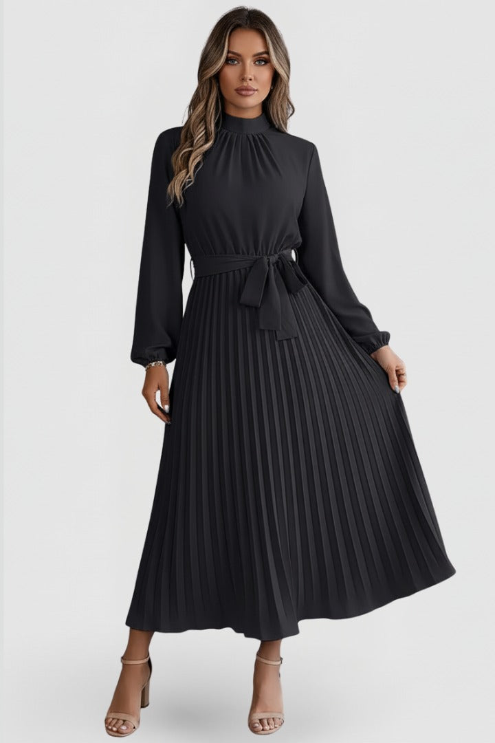 Pleated Long Sleeve Midi Dress - Black