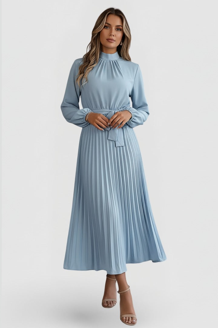 Pleated Long Sleeve Midi Dress - Light Blue