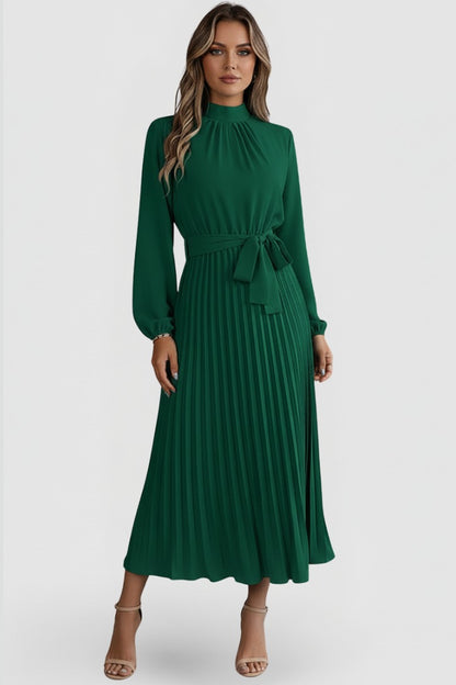 Pleated Long Sleeve Midi Dress - Green