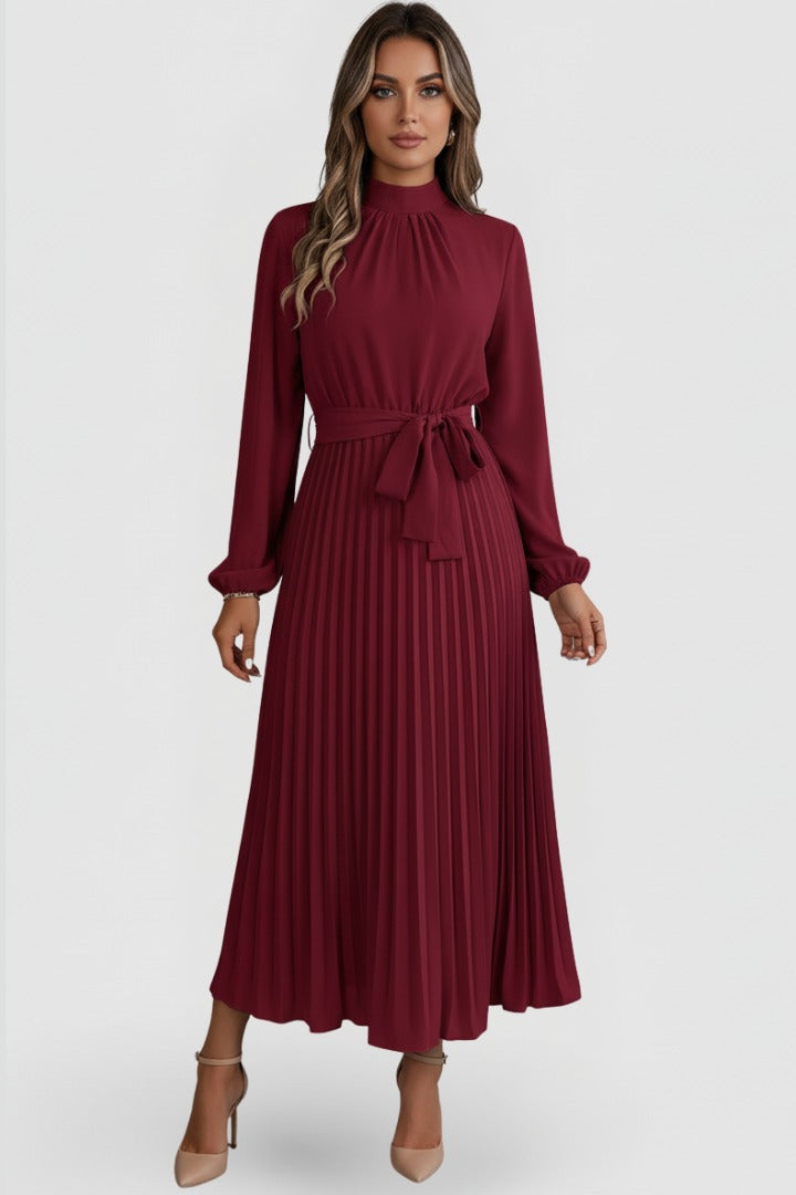 Pleated Long Sleeve Midi Dress - Burgundy