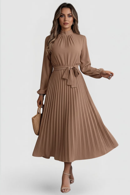 Pleated Long Sleeve Midi Dress - Khaki