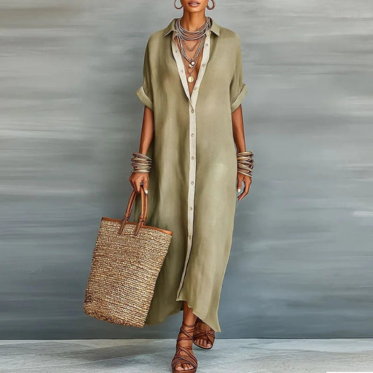 Long Sleeve Maxi Shirt Dress - Khaki