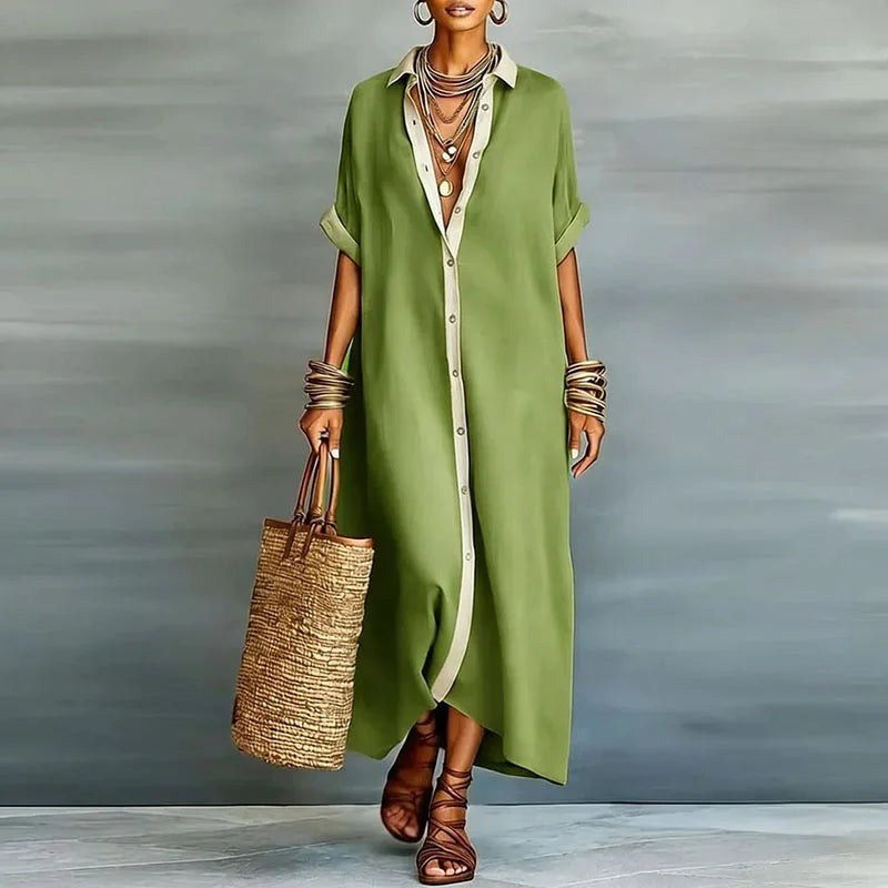 Long Sleeve Maxi Shirt Dress - Green