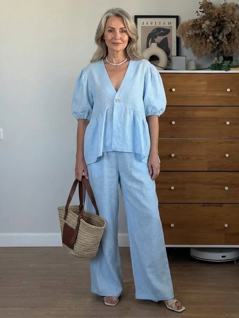 Women's Linen Peplum Wide-Leg Set - Sky blue