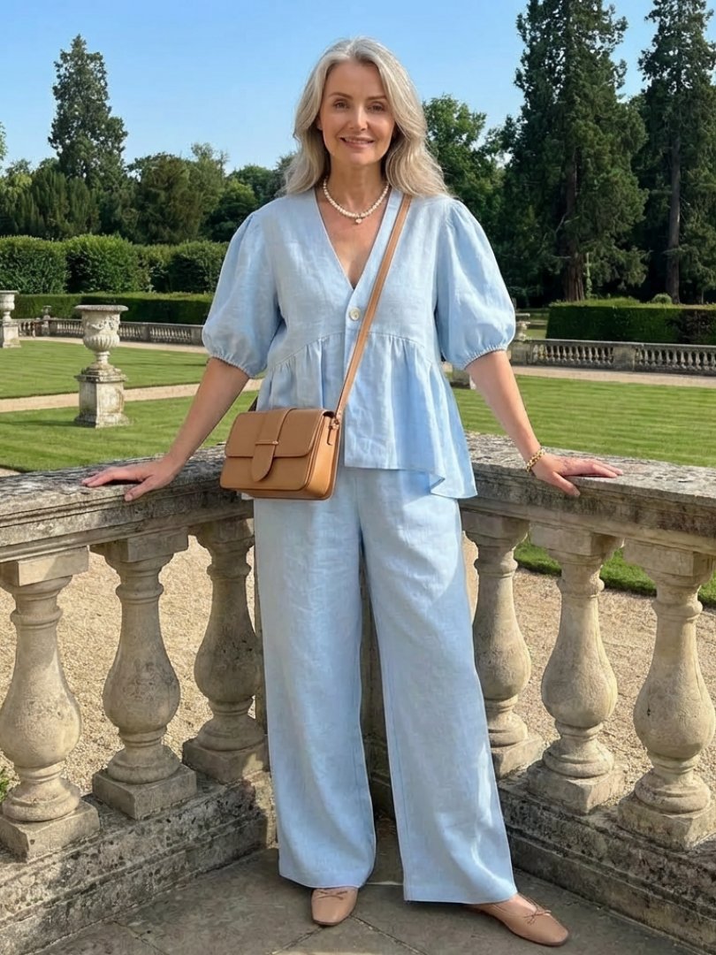 Women's Linen Peplum Wide-Leg Set