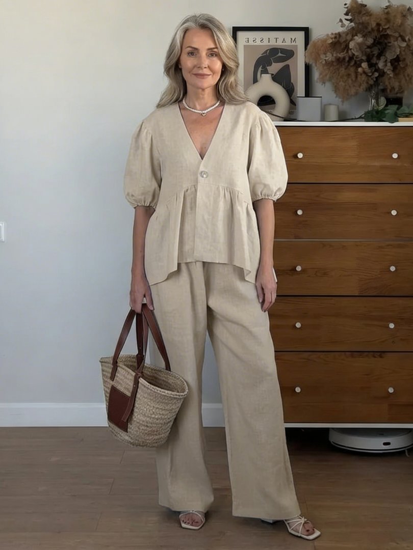 Women's Linen Peplum Wide-Leg Set - Beige