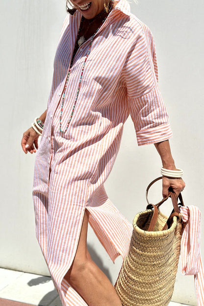 Striped Maxi Shirt Dress - Pink