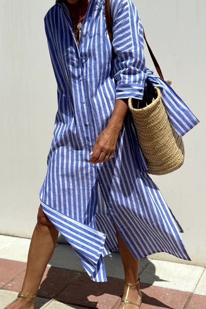 Striped Maxi Shirt Dress - Blue