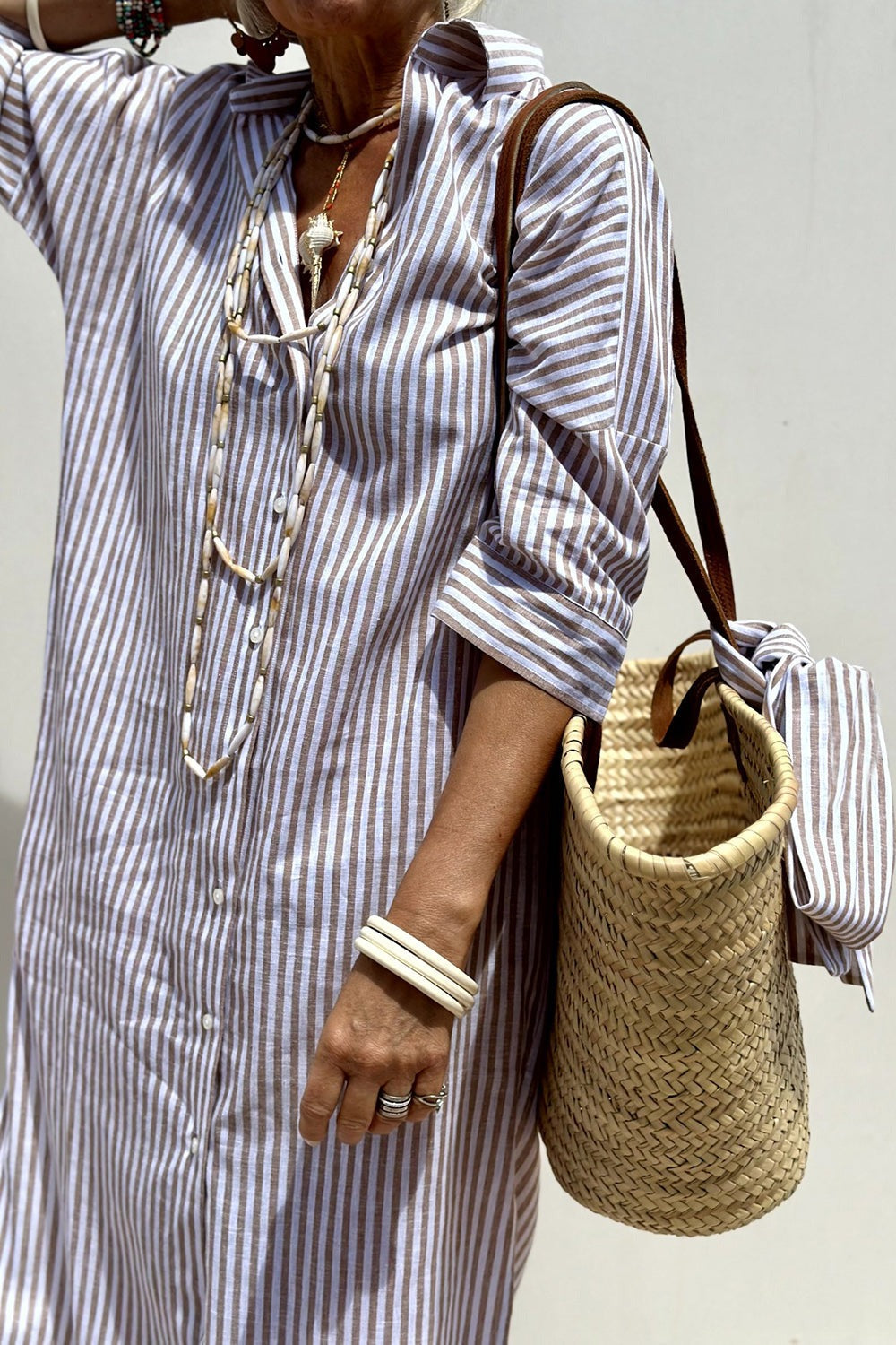 Striped Maxi Shirt Dress - Khaki