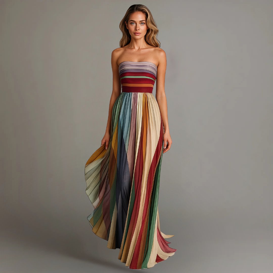 Women's Striped Pleated Maxi Dress - Multicolor