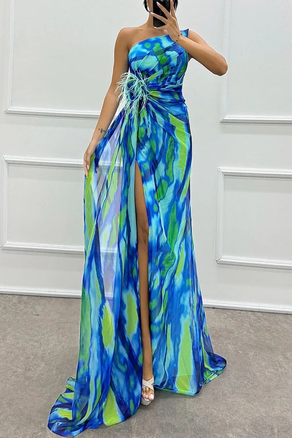 Formal One Shoulder Maxi Dress - Blue