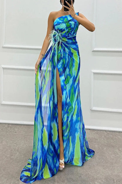 Formal One Shoulder Maxi Dress - Blue