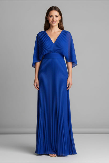 Pleated Kimono Sleeve Maxi Dress - Blue