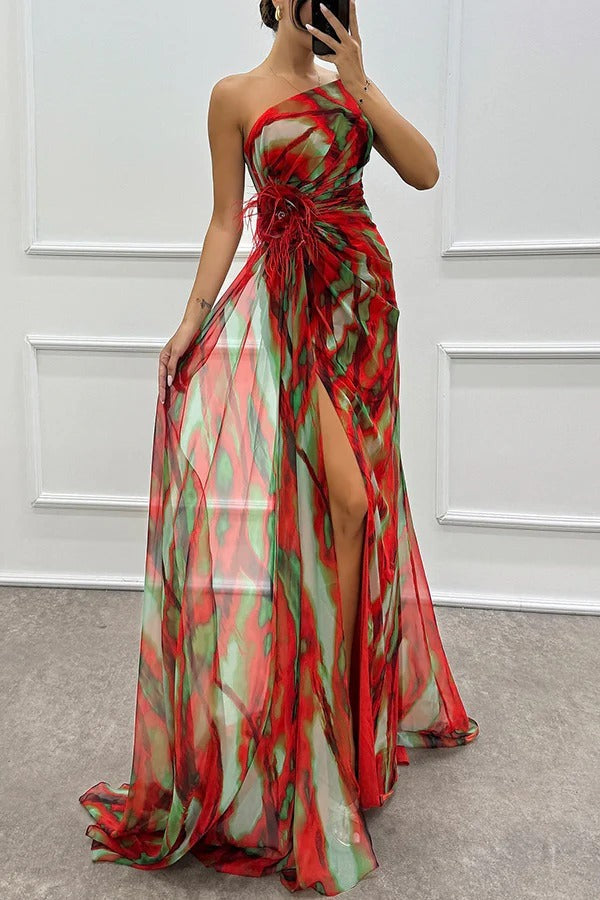 Formal One Shoulder Maxi Dress - Red