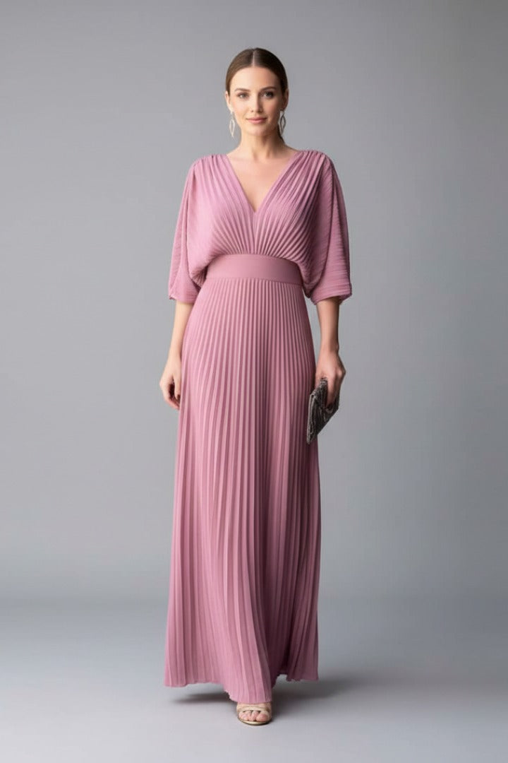 Pleated Kimono Sleeve Maxi Dress - Pink