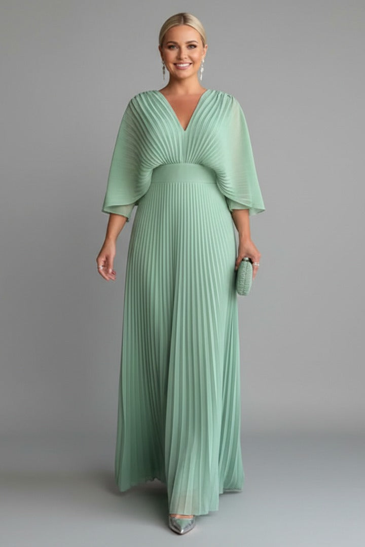 Pleated Kimono Sleeve Maxi Dress - Green