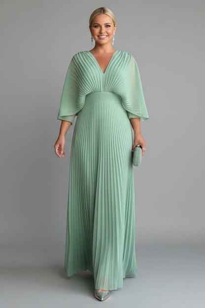 Pleated Kimono Sleeve Maxi Dress - Green