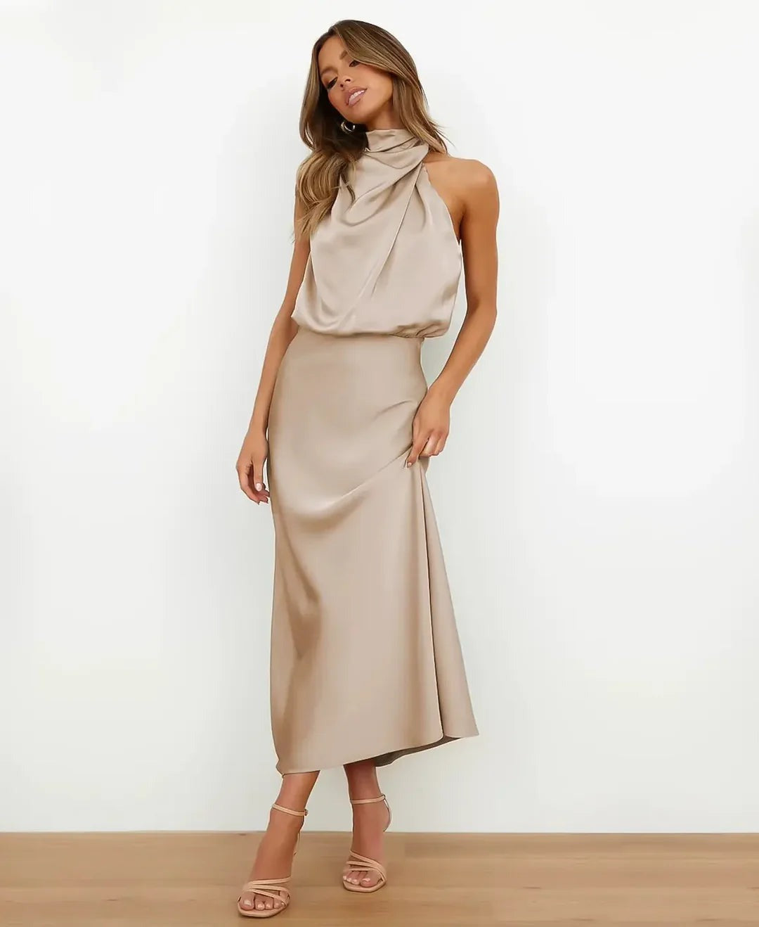 Halter Wedding Guest Midi Dress - Apricot