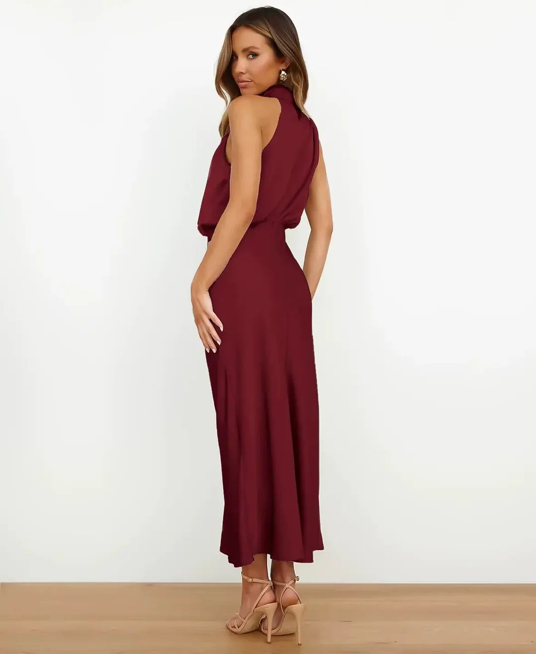 Halter Wedding Guest Midi Dress - Wine red