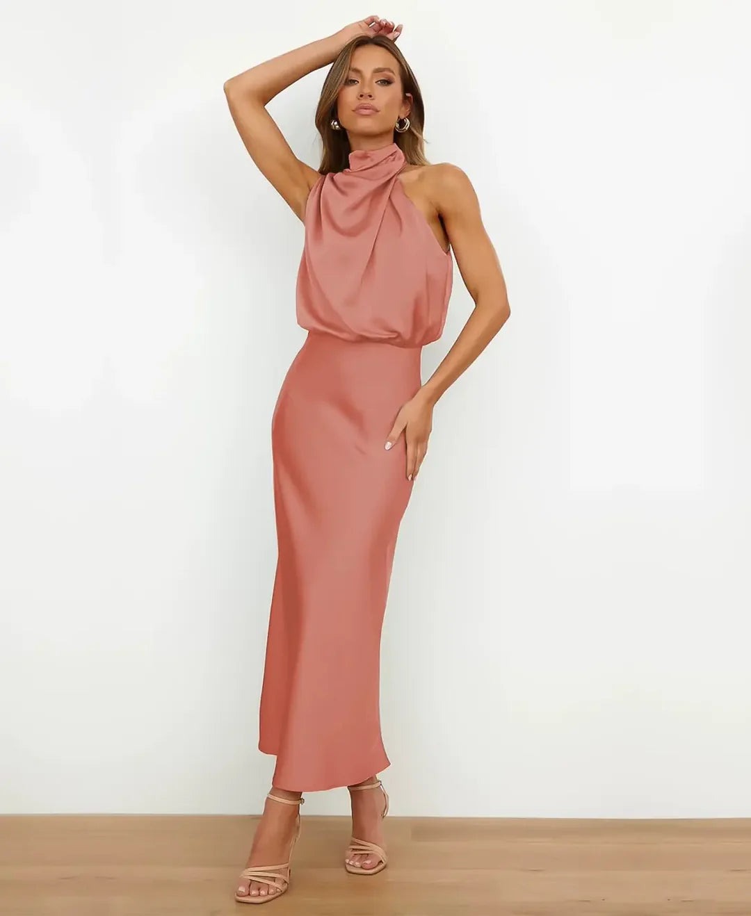 Halter Wedding Guest Midi Dress - Peach
