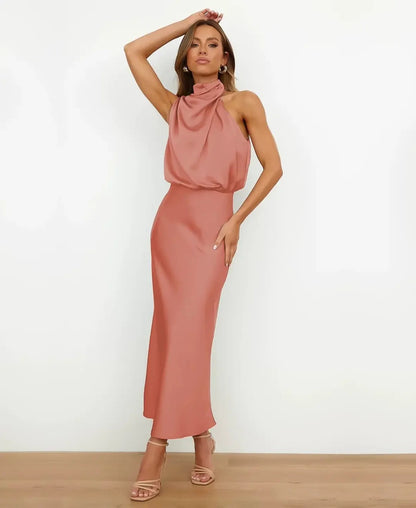 Halter Wedding Guest Midi Dress - Peach