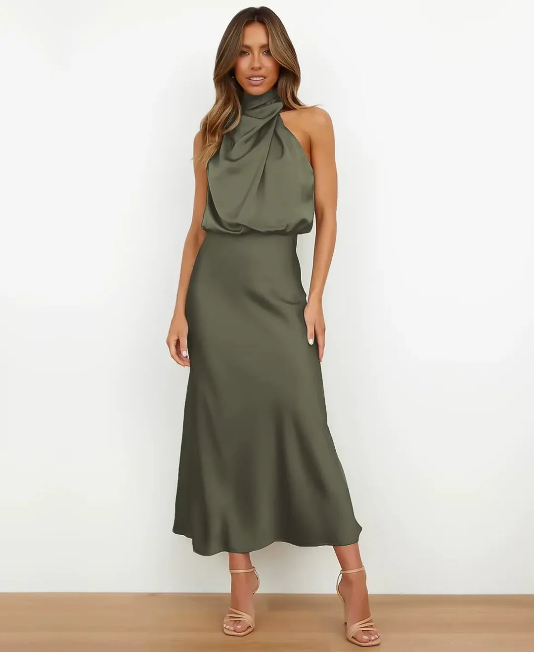 Halter Wedding Guest Midi Dress - Olive green