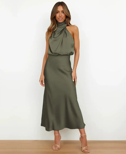 Halter Wedding Guest Midi Dress - Olive green