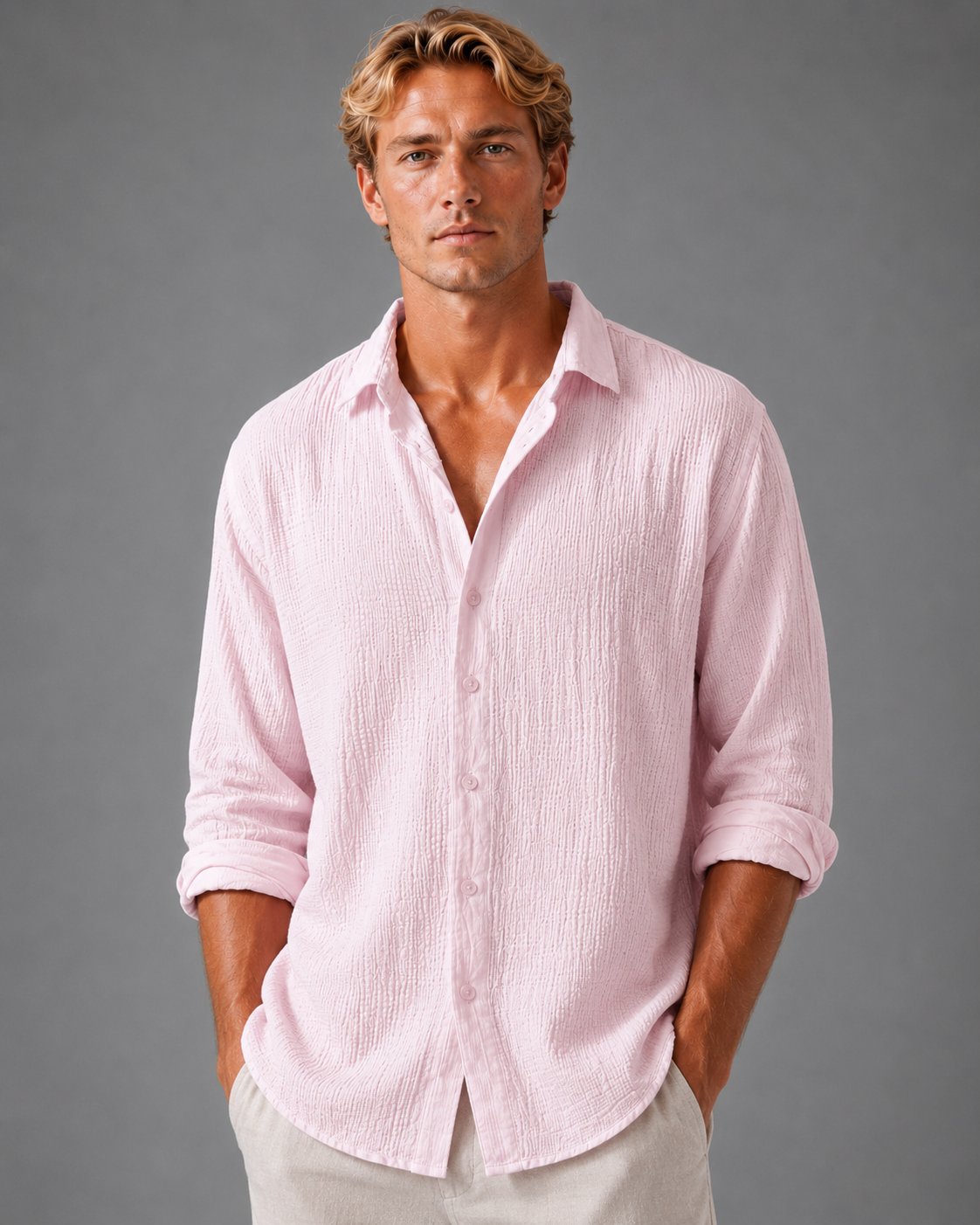 Men's Crinkle Cotton Shirt - Pink