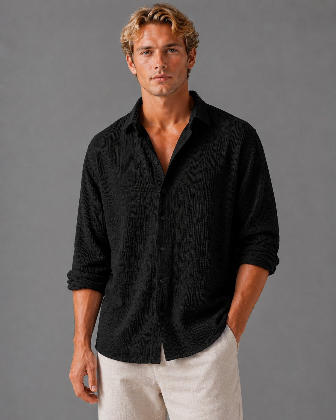 Men's Crinkle Cotton Shirt - Black