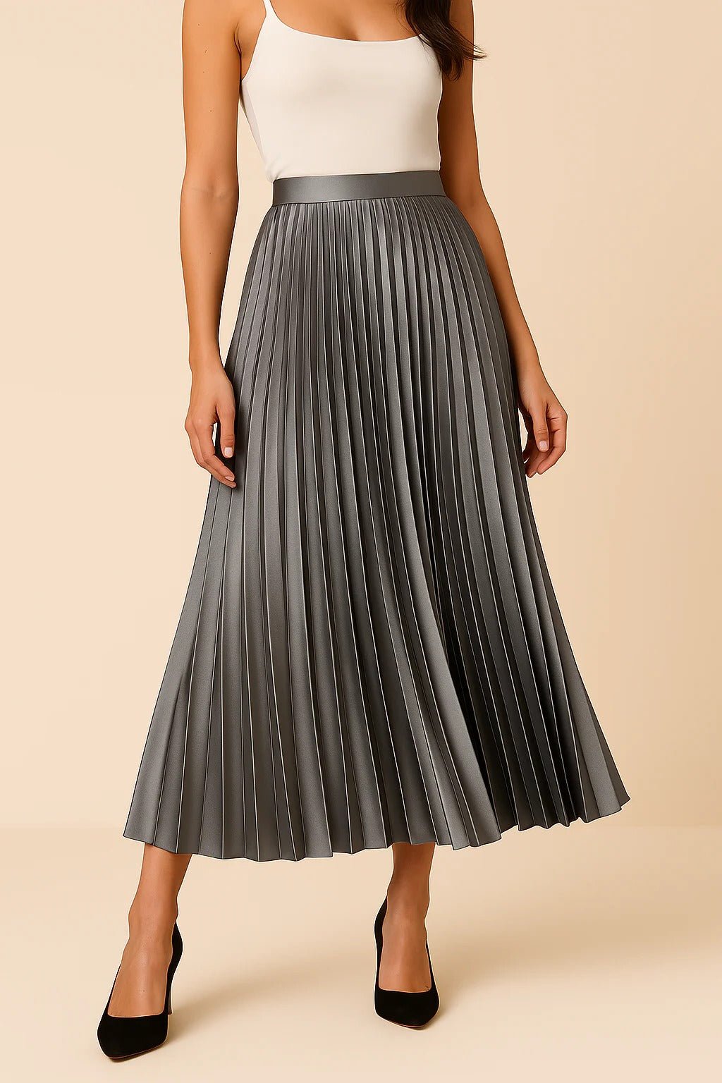 Women's Faux Leather Pleated Midi Skirt - Gray