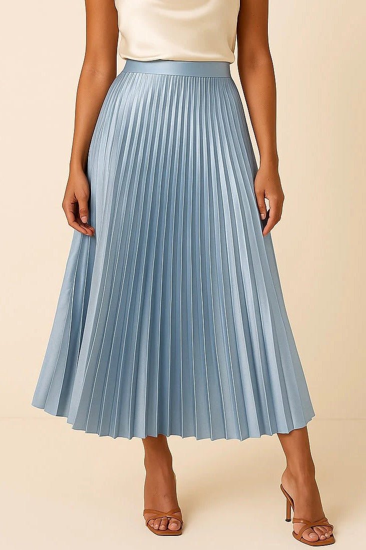Women's Faux Leather Pleated Midi Skirt - Blue
